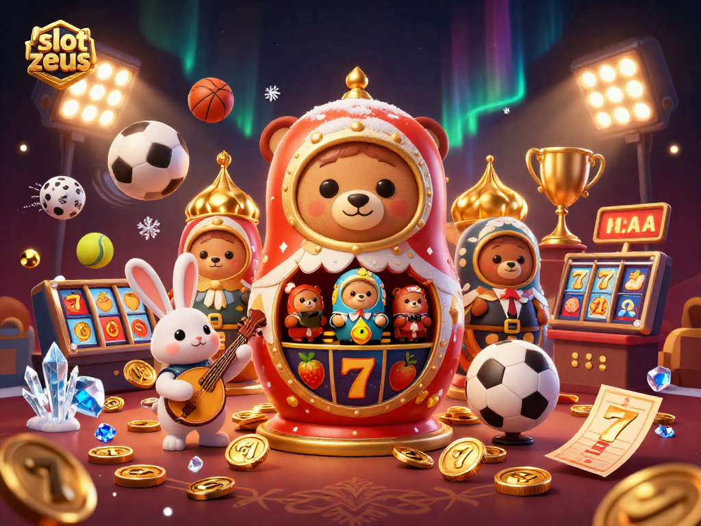 Experience the excitement of slot zeus with vibrant characters and casino elements in a 3D illustration.