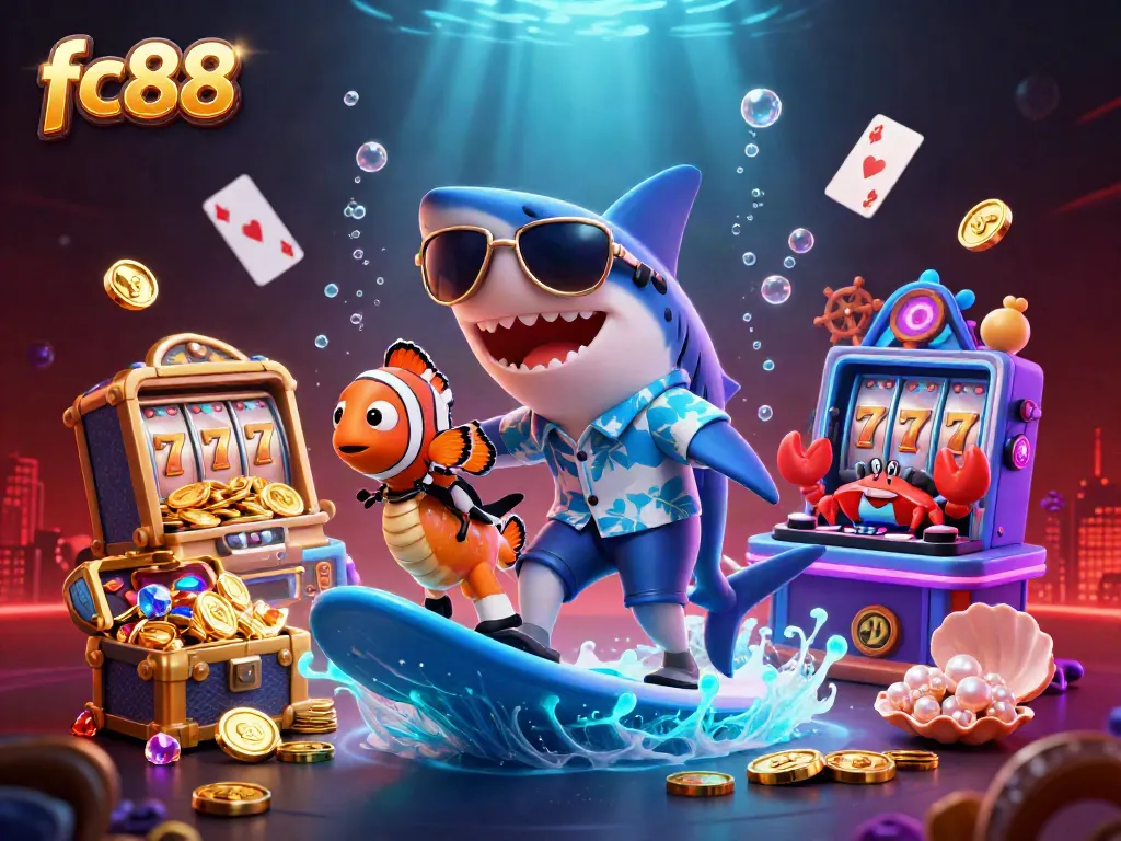 Engage with thrilling fc88 online casino action amid cartoon characters and gold coins.