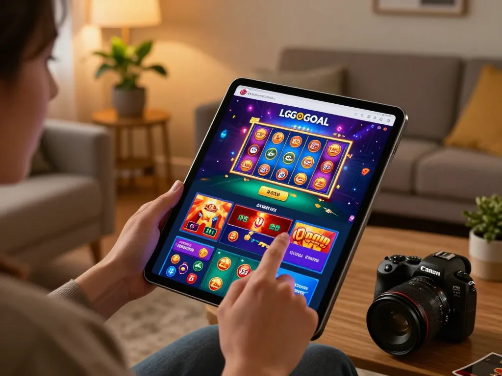 Person engaging with LGOGOAL online gaming tablet in cozy living room for strategic entertainment.
