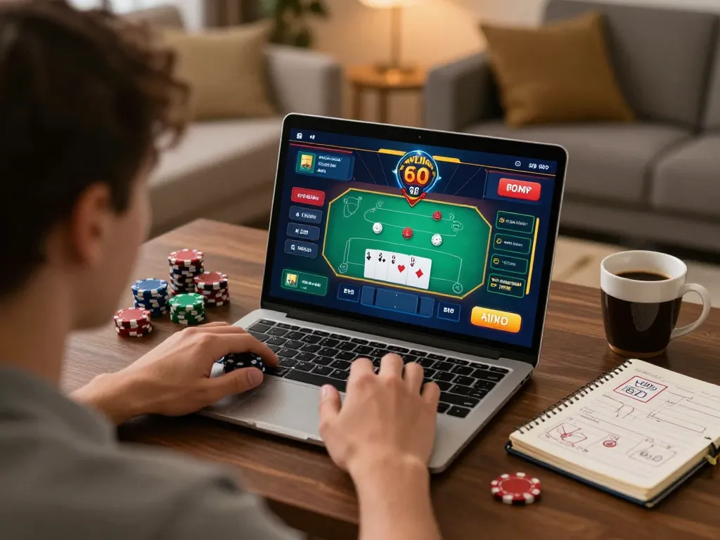 Kuwin player engaging in online poker gameplay, showcasing strategic decisions and cozy atmosphere.