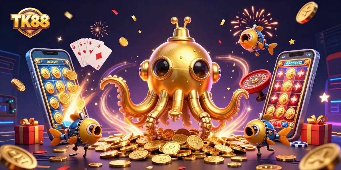 Experience thrilling wins at TK88 with our 3D kraken submarine amid golden coins and vibrant gaming elements.