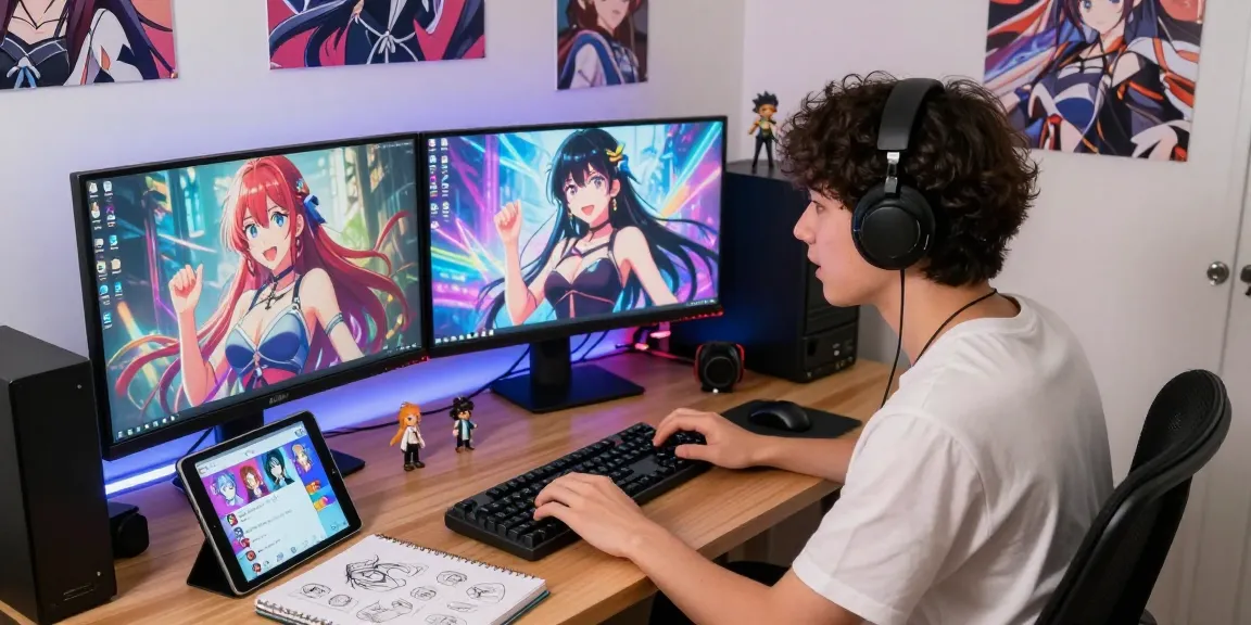 Engaging AI hentai chat scene with vibrant anime decor and a young user immersed in conversation.
