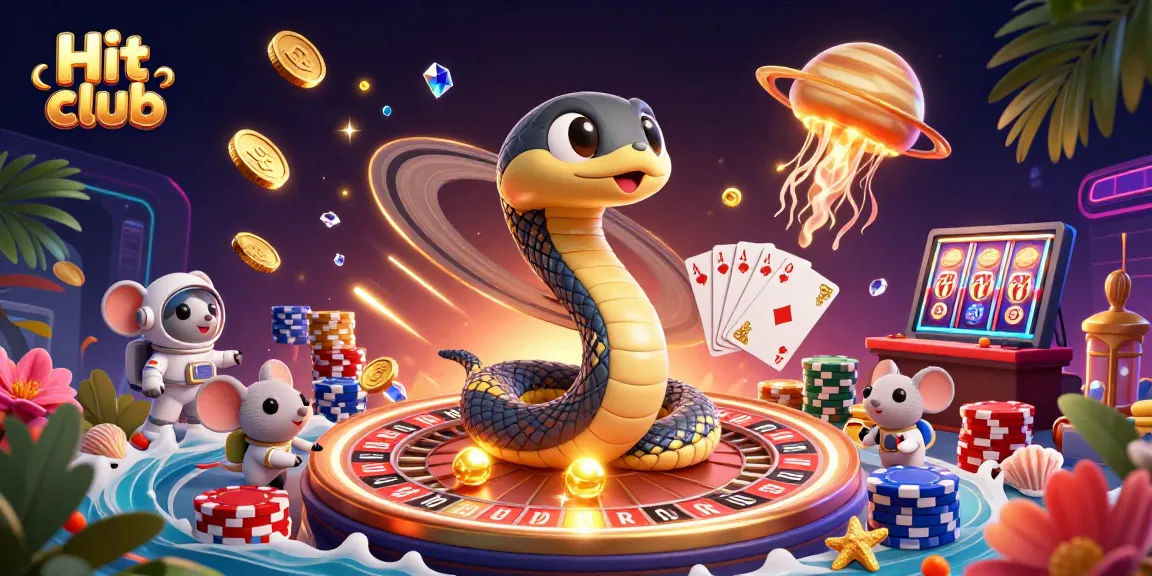 Engage with Hit club's vibrant cosmic gaming scene featuring animated casino elements and joyful gameplay.