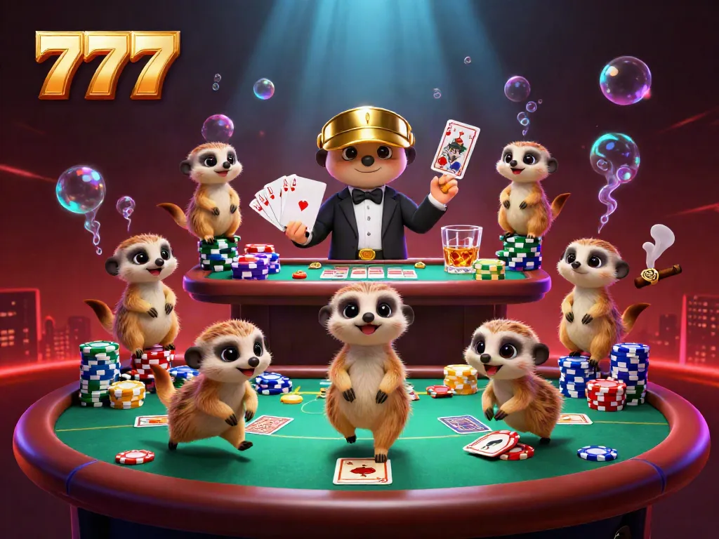Meerkat bermain kasino dengan tema 777, menumpuk chip poker dan kartu.