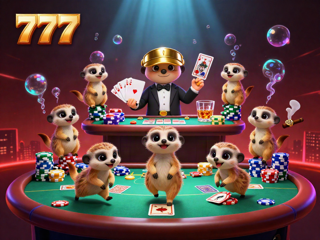 Meerkat bermain kasino dengan tema 777, menumpuk chip poker dan kartu.