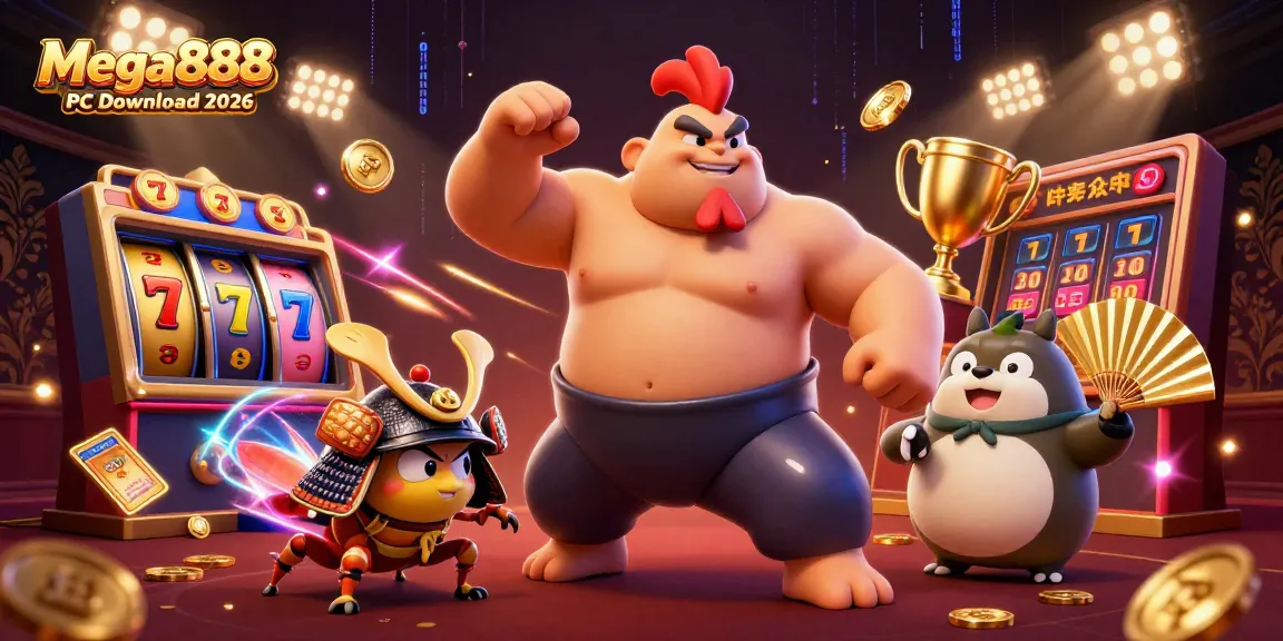 Engage with Mega888 PC Download 2026 in a vibrant casino scene packed with dynamic gaming elements and characters.