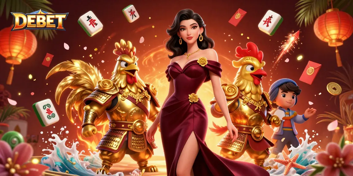 Experience DEBET with a glamorous casino scene featuring a stunning woman, golden rooster warrior, and dynamic gaming elements.