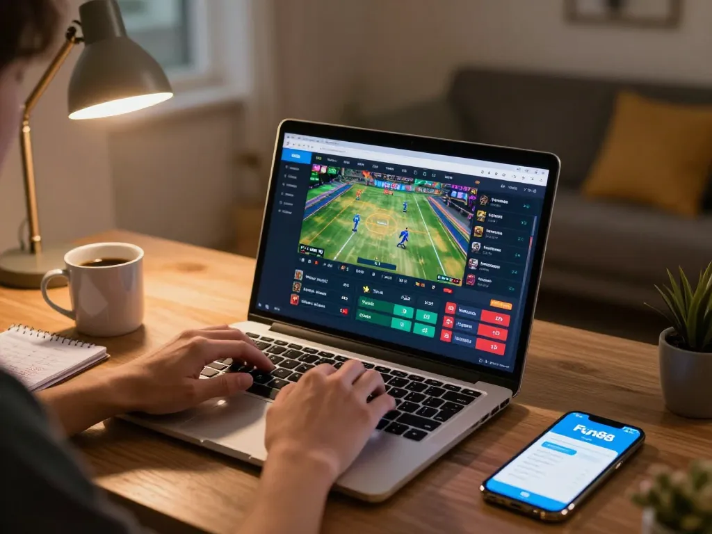 Engaging in fun88 sports betting using a laptop with live event streams and strategy notes visible