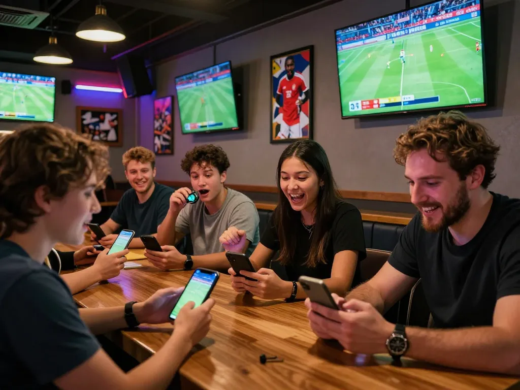 Xoilactv39 enthusiasts enjoying live soccer matches at a vibrant sports bar, highlighting dynamic betting moments and social interactions.