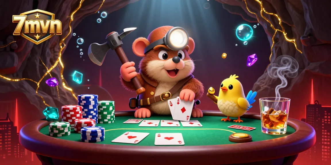 7mvn showcases a treasure hunter mole and canary in a vibrant poker scene, emphasizing thrilling gambling action.