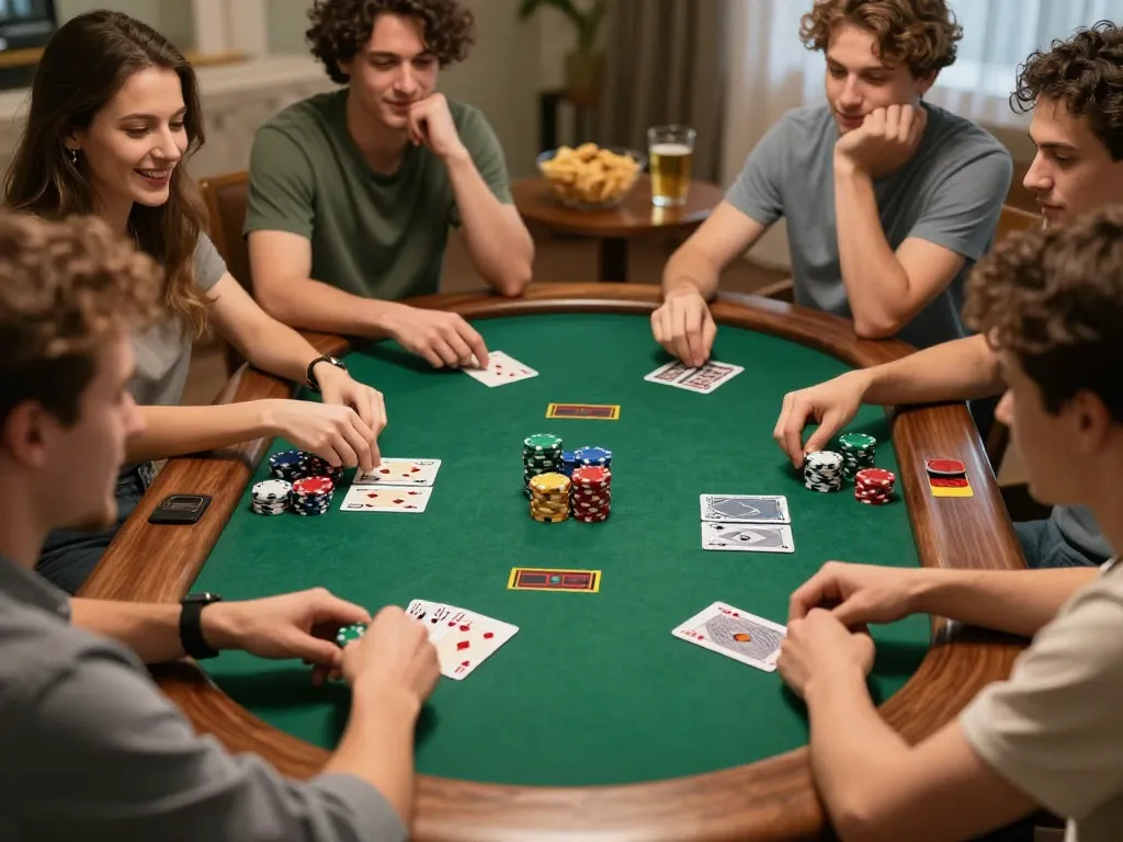 Friends enjoy strategic gameplay at a poker table, engaging with PERI11 platform for a fun night.