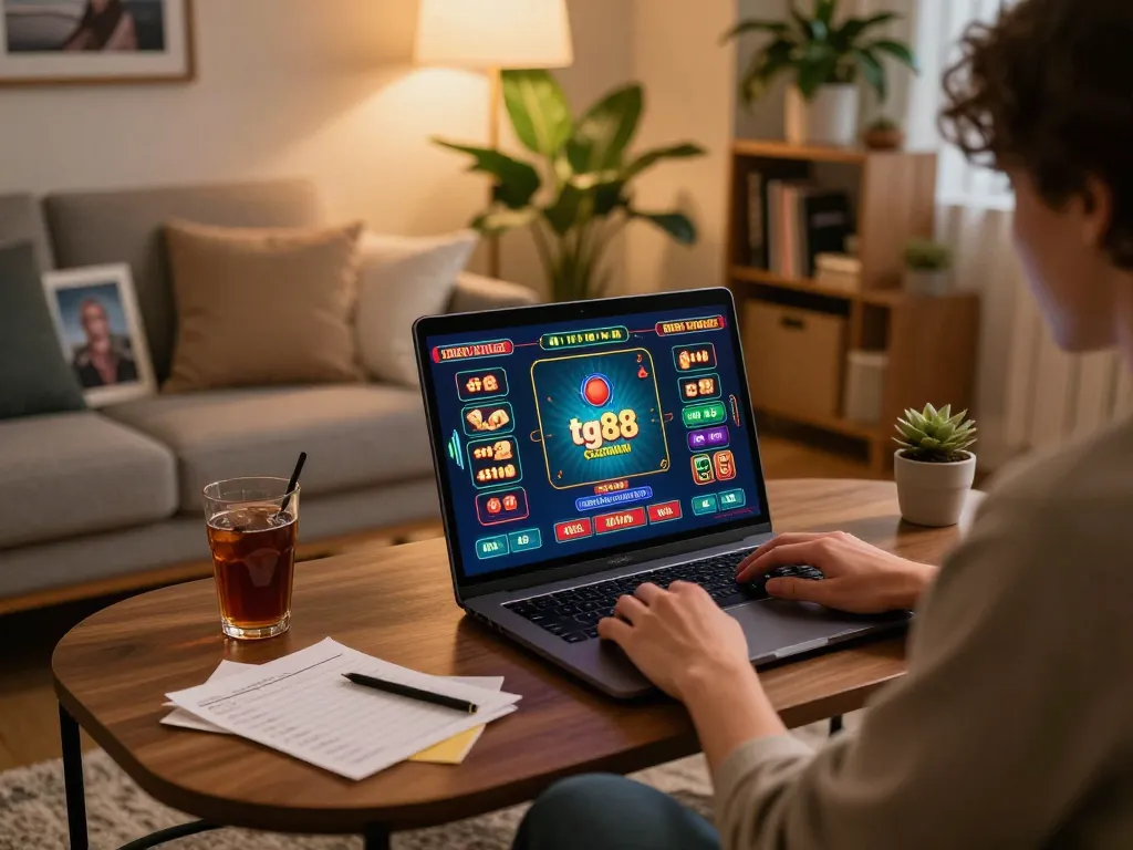 Player exploring tg88 online casino game from home, showcasing exciting gameplay.