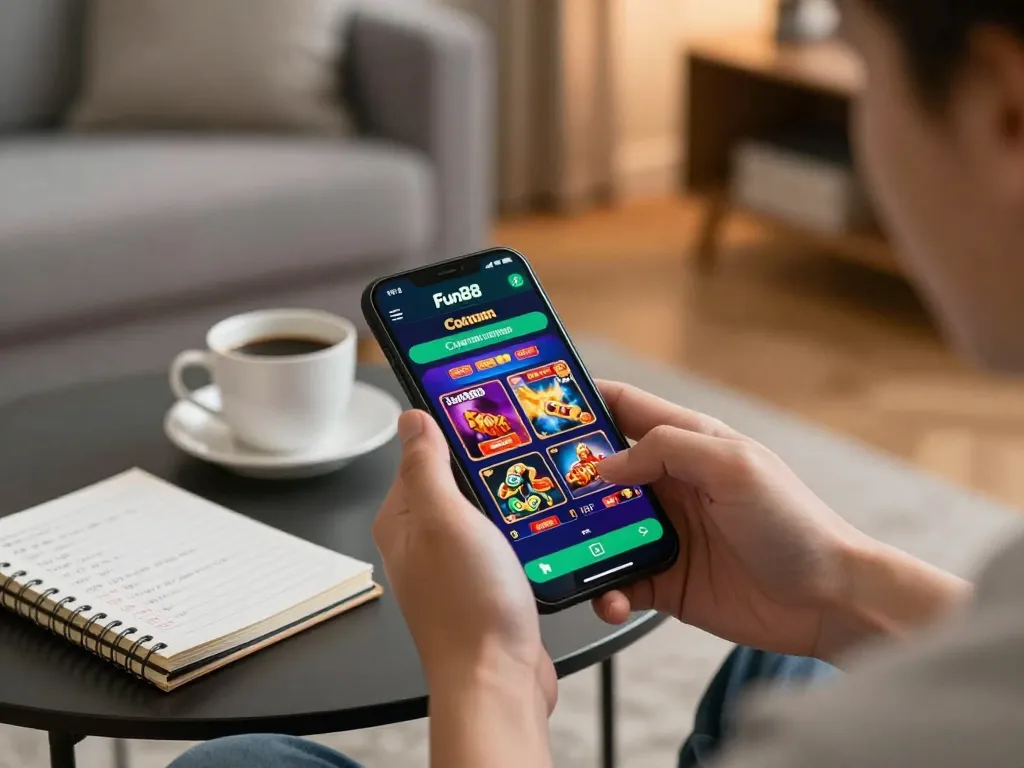 Play casino games on the Fun88 app in a cozy home setting with a smartphone.
