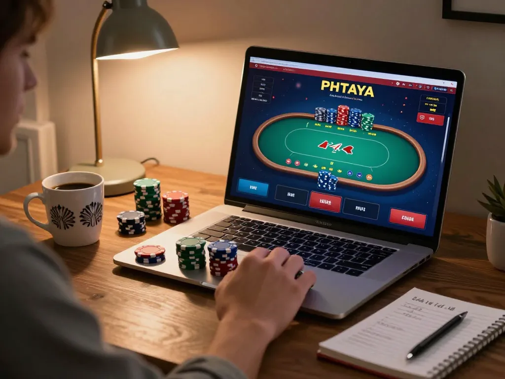 PHTAYA player poised for action in online poker with vibrant gaming interface