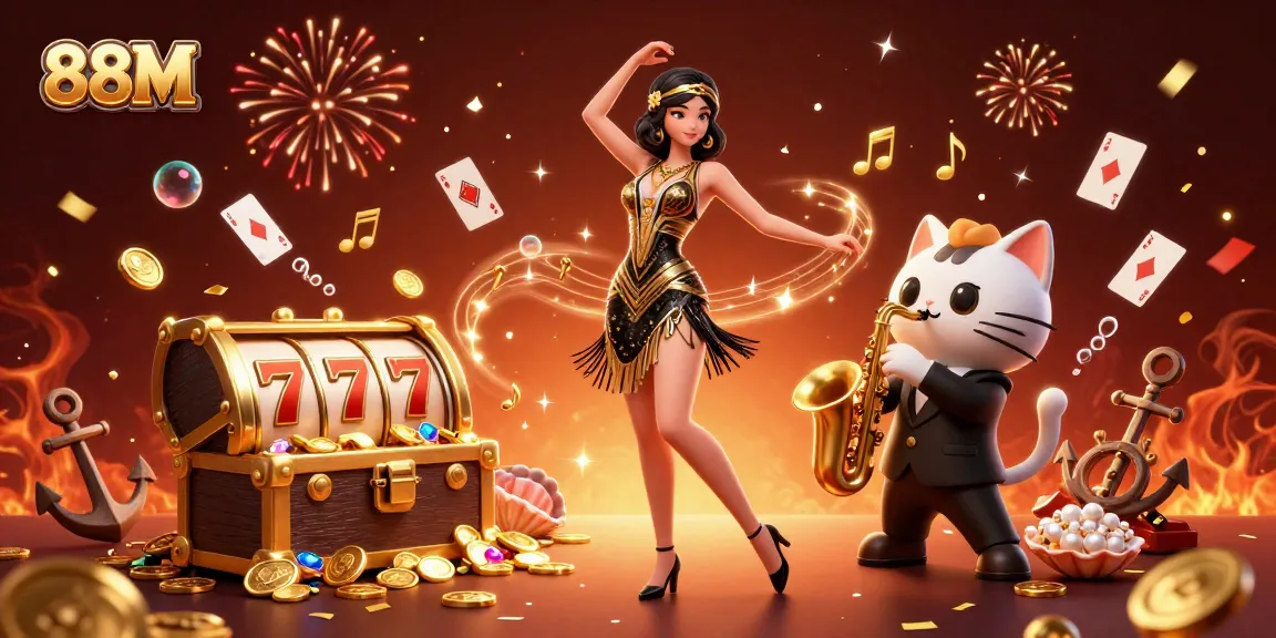Experience the vibrant 88M casino vibe with dancing characters amidst slot reels and golden celebrations.