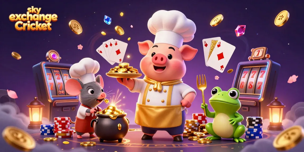 Enjoy thrilling sky exchange Cricket with a pig chef serving gold coins amidst casino elements.