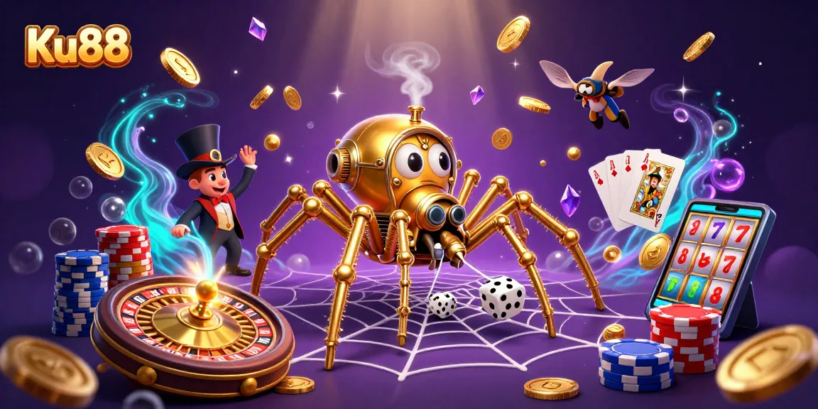 Ku88 showcases a vibrant casino scene with a steampunk spider and gambling elements captivating players.