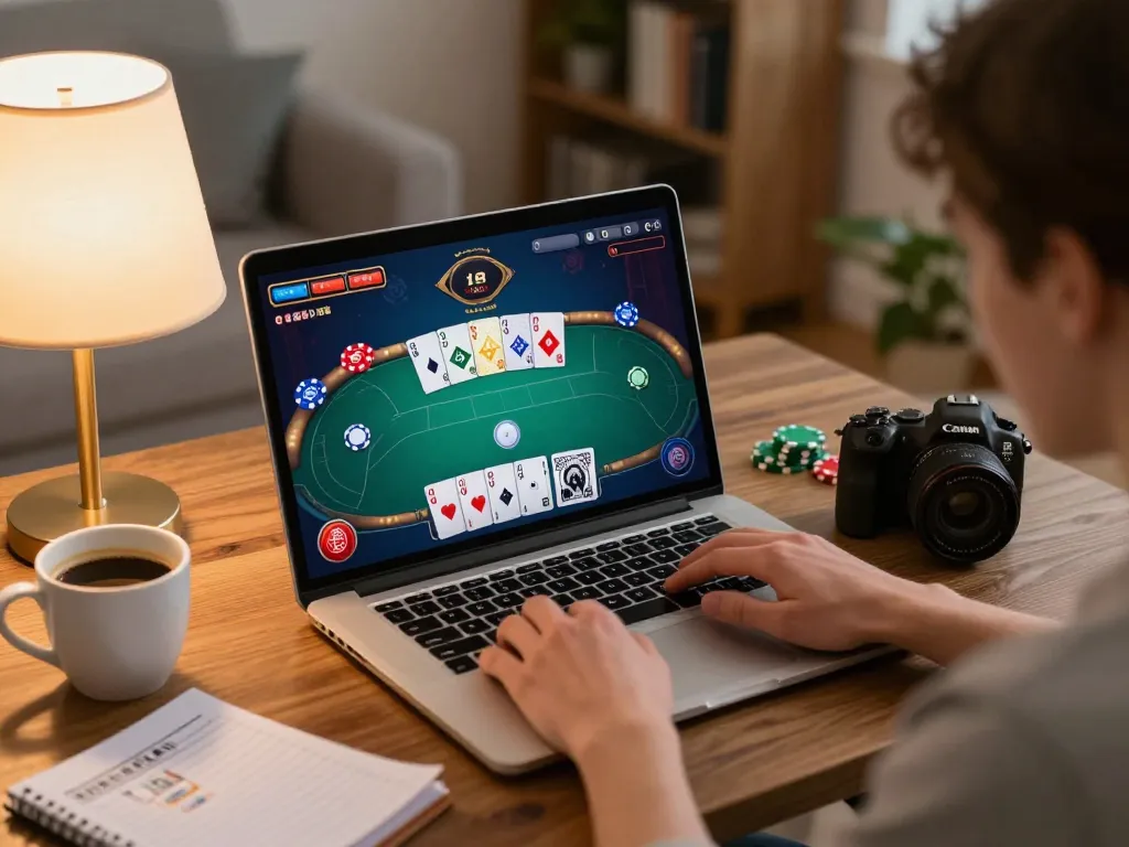 Nohu90 player analyzing poker strategies at home desk, with laptop interface showing game.
