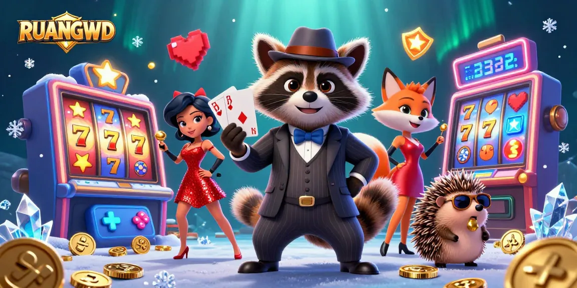 Experience thrilling gameplay at RUANGWD with a suave raccoon, glamorous fox, and hedgehog bouncer in a vibrant casino scene.