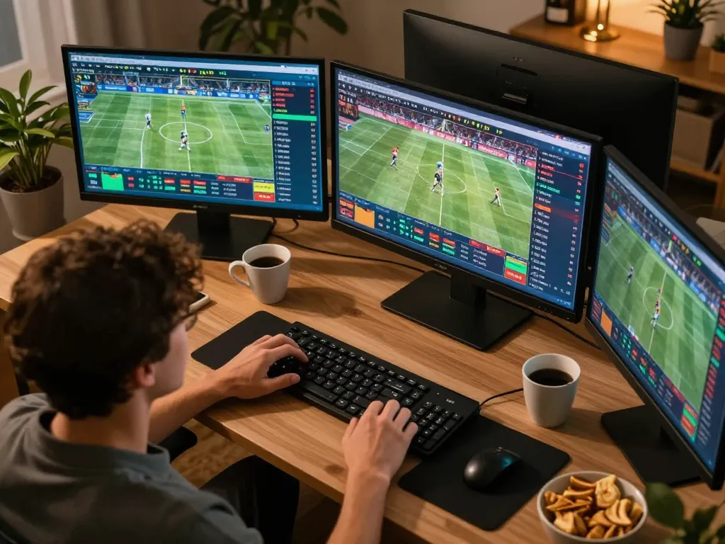 Engaging sports betting scene showcasing RR88 app with live odds and screens in a home office setup.