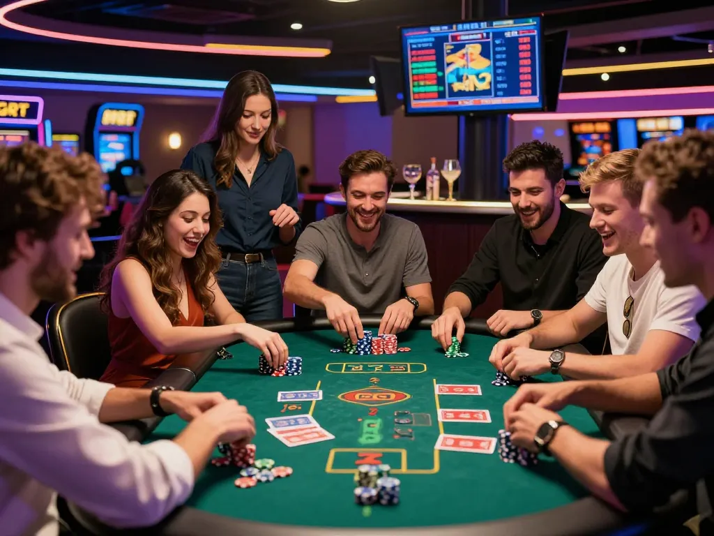 Friends playing at a vibrant casino table, enjoying sultan88 gaming excitement.