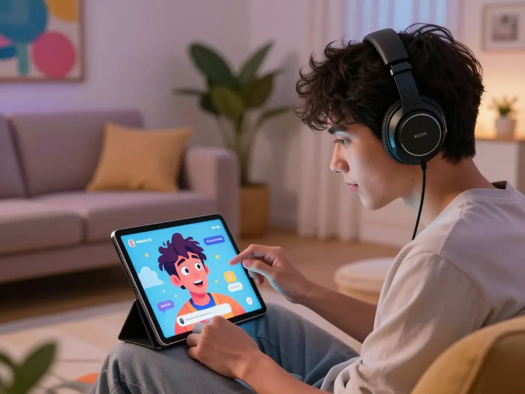 Interactive NSFW AI session depicting user engaging with a captivating AI character in a cozy digital environment.