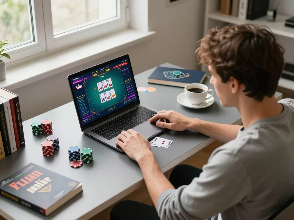 Engaged player strategizing in an idn poker game on a laptop, showcasing a vibrant online gaming interface.