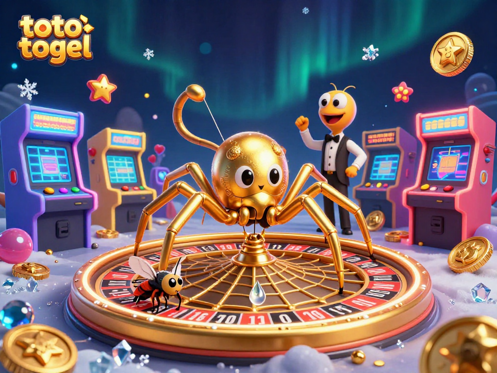 Engage in toto togel excitement with a golden spider and centipede croupier amidst dynamic arcade elements.