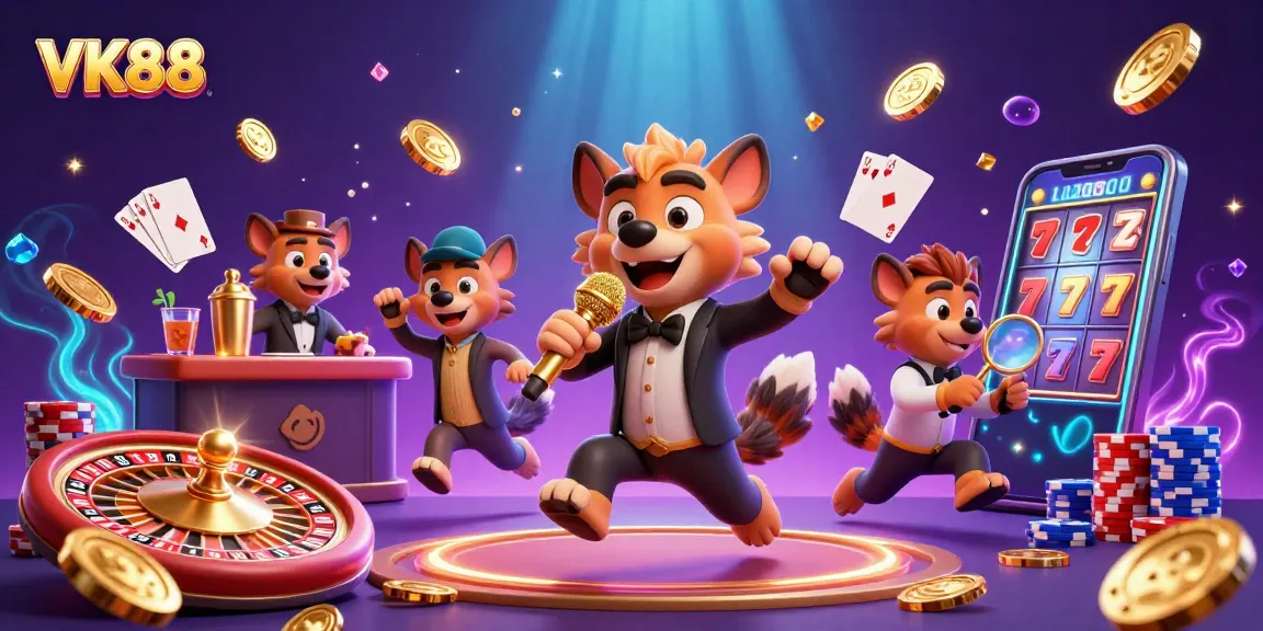 Experience thrilling gaming at VK88 casino with lively hyena characters and vibrant game elements.