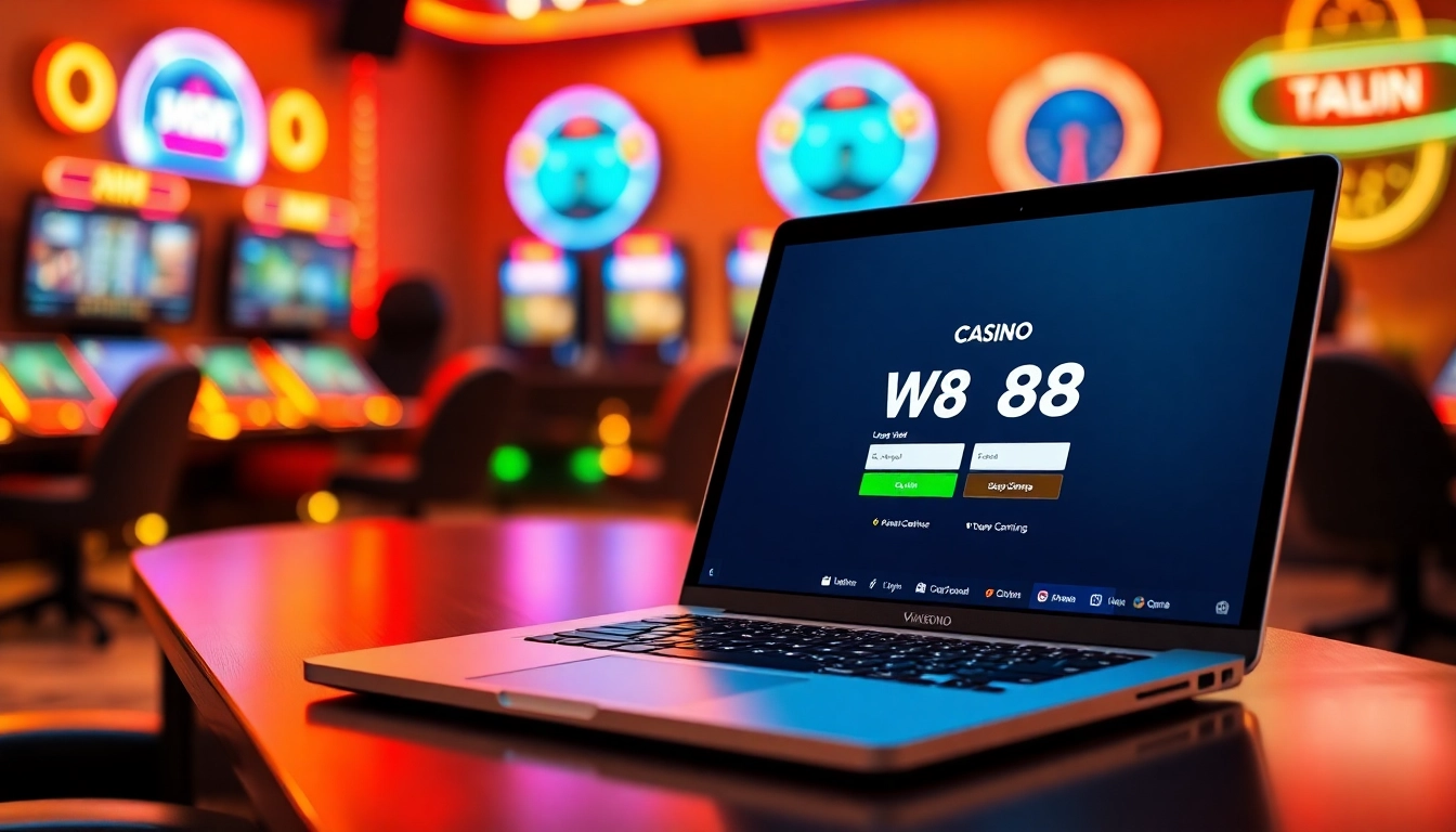 Experience seamless w88 login on a sleek laptop in a vibrant gaming lounge.
