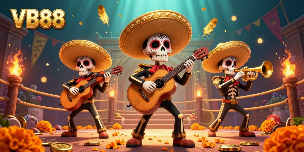 Experience excitement with VB88 as Day of the Dead skeletons celebrate in a casino scene filled with gold coins and vibrant colors.