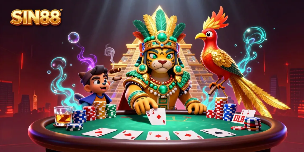 SIN88 showcases a vibrant gambling scene with a Mayan priest, poker elements, and stunning visual effects.