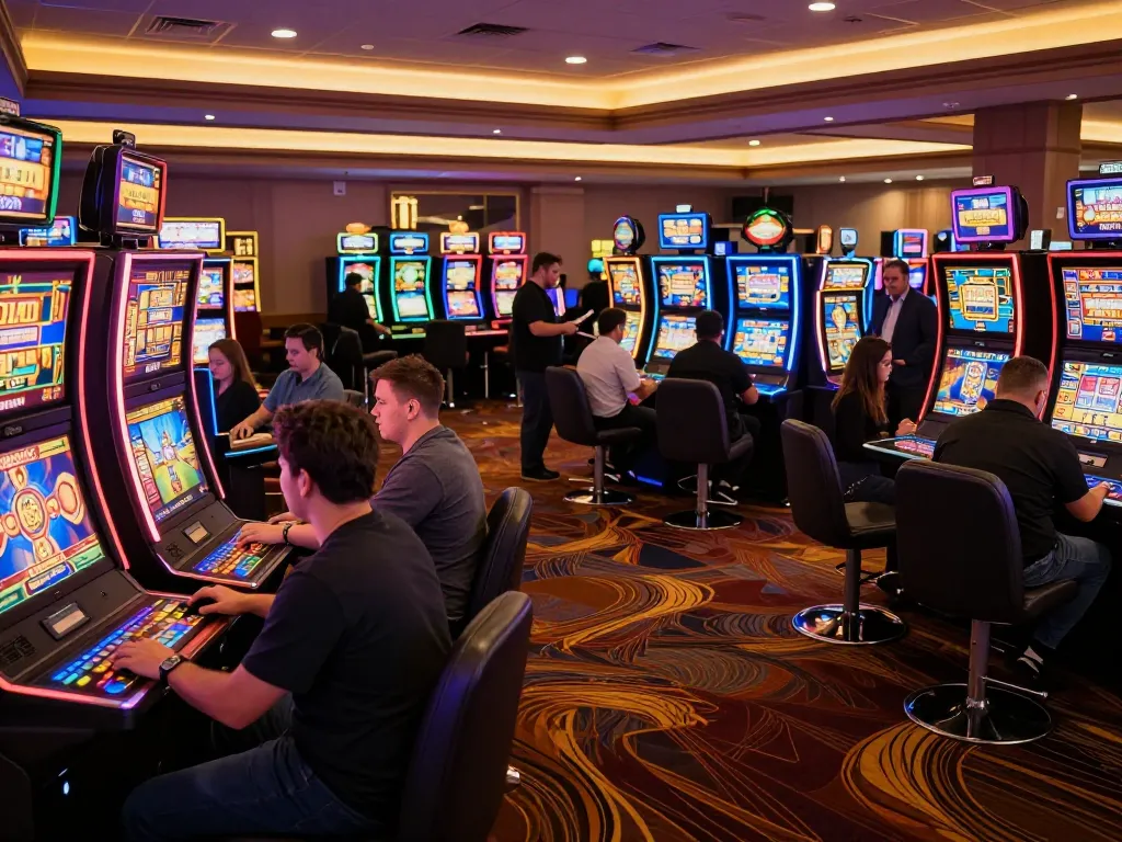 Engaged players enjoying a Pragmatic slot experience amid vibrant casino lights.