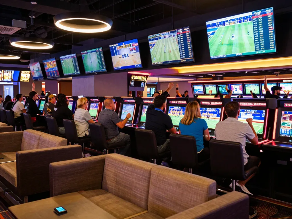 Engaged bettors placing bets on Pragmatic Slot games in a vibrant sports betting environment.