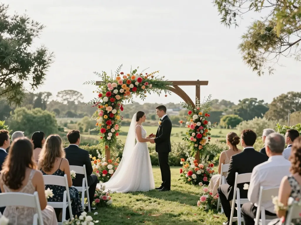 Couple exchanging vows in front of a stunning floral LGOGOAL wedding backdrop.