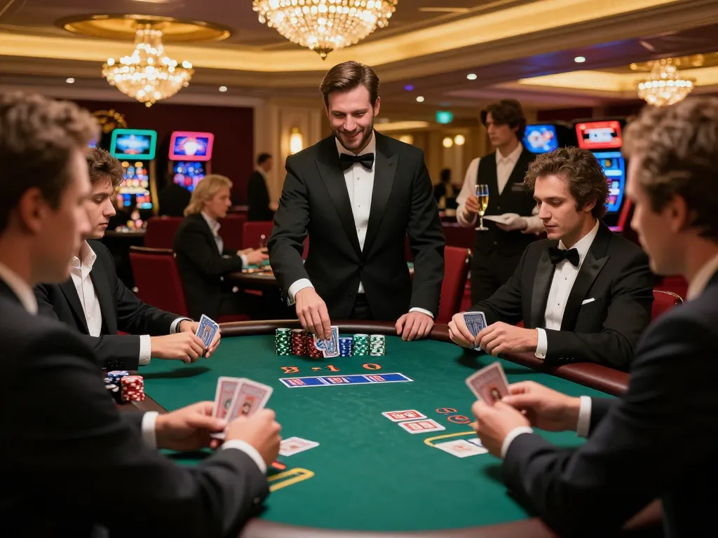 Engaged players at megaplus88 enjoy an exciting blackjack game in a luxurious casino setting.