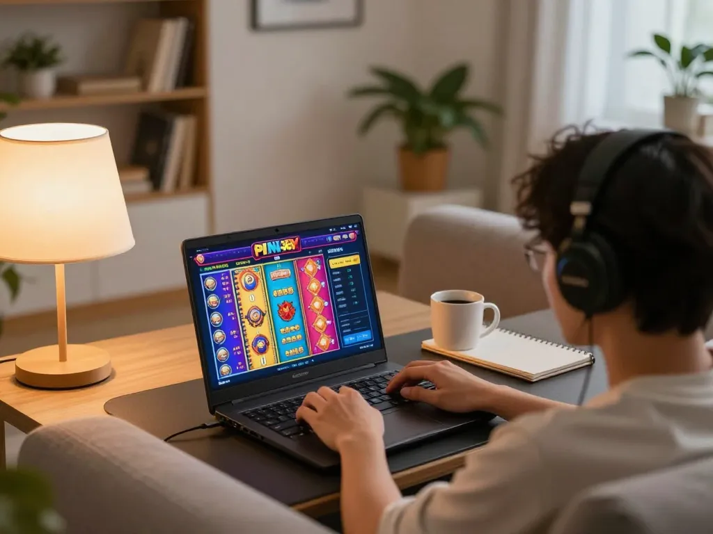 Player enjoying Pinoy 365 online casino on a laptop in a cozy home setting, colorful game interface visible.
