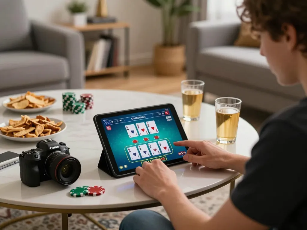 w188 engaging in online blackjack gaming from the comfort of home, showcasing a stylish setup.