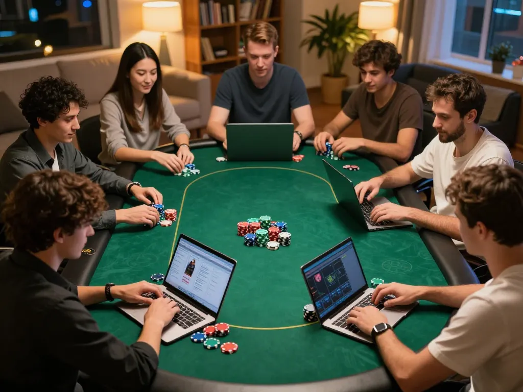 Players engaged in an exciting online poker game at home, showcasing nhacaiuytin's betting atmosphere