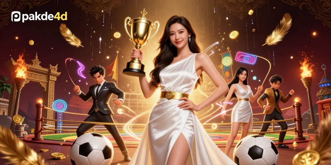 Celebrate wins with pakde4d featuring a triumphant woman holding a trophy amidst sports betting excitement.