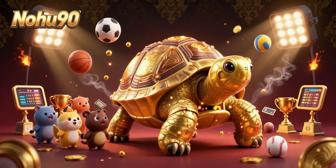 Nohu90 captivates players with a vibrant casino scene featuring a golden tortoise pinball machine amidst sports elements and gold coins.