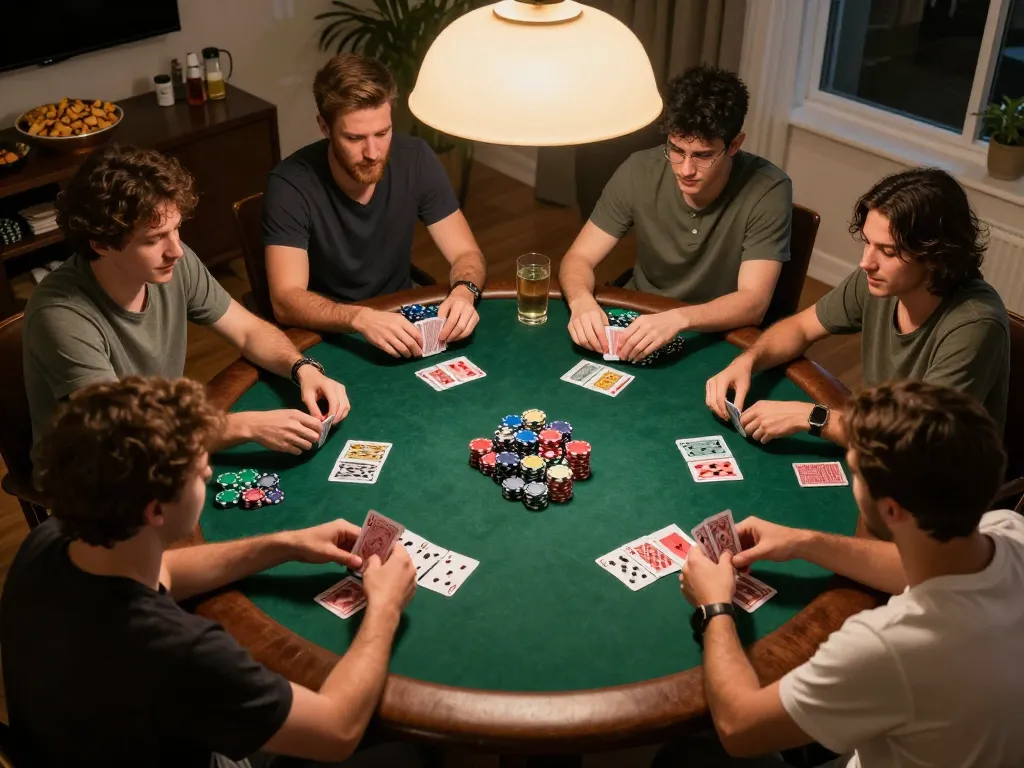 Friends enjoying a strategic poker night at home, showcasing a lively game with tt88 atmosphere.