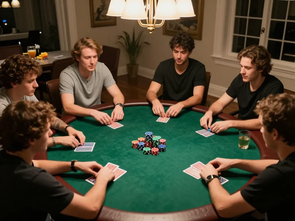 Five88a poker players strategizing in a friendly home game environment with warm lighting and snacks.