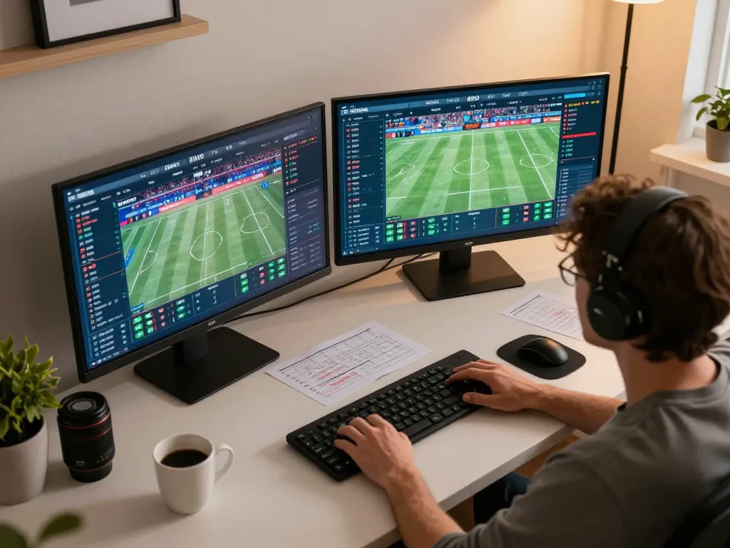 Engaged gambler analyzing odds on 33win while betting on live sports from home