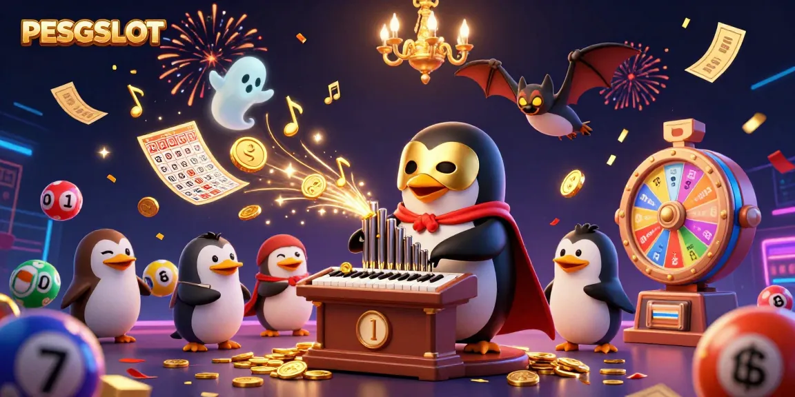 Ilustrasi PESGSLOT menunjukkan penguin opera hantu bermain organ yang melepaskan koin emas.