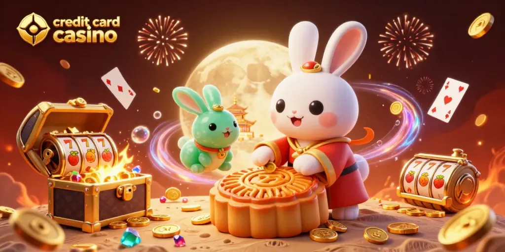 Experience the thrill of a credit card casino with playful characters and slot reels spinning.