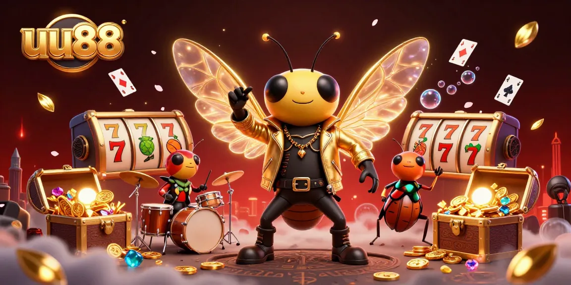 uu88 vibrant casino scene showcasing a cicada rock star and beetle drummer amidst slot reels and treasures.