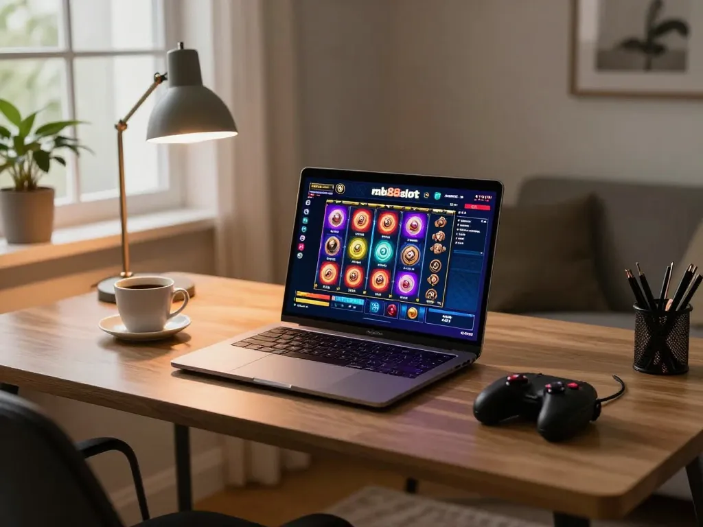 Engaging mb88slot gameplay on a laptop in a cozy home setting