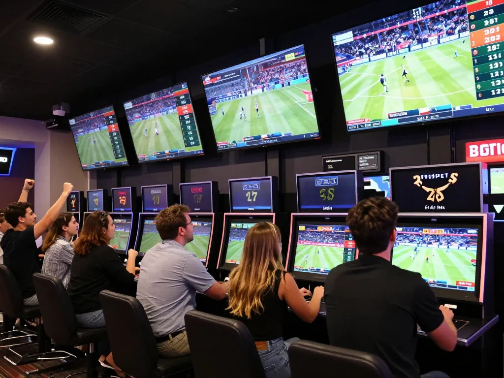 Engaged bettors placing live sports bets in dynamic Da88 sportsbook atmosphere