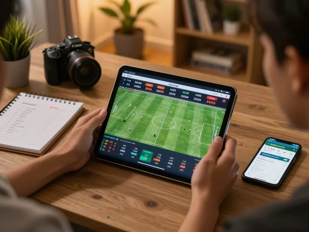 Person actively engaging in kèo nhà cái betting while analyzing odds on a tablet in a cozy living room.